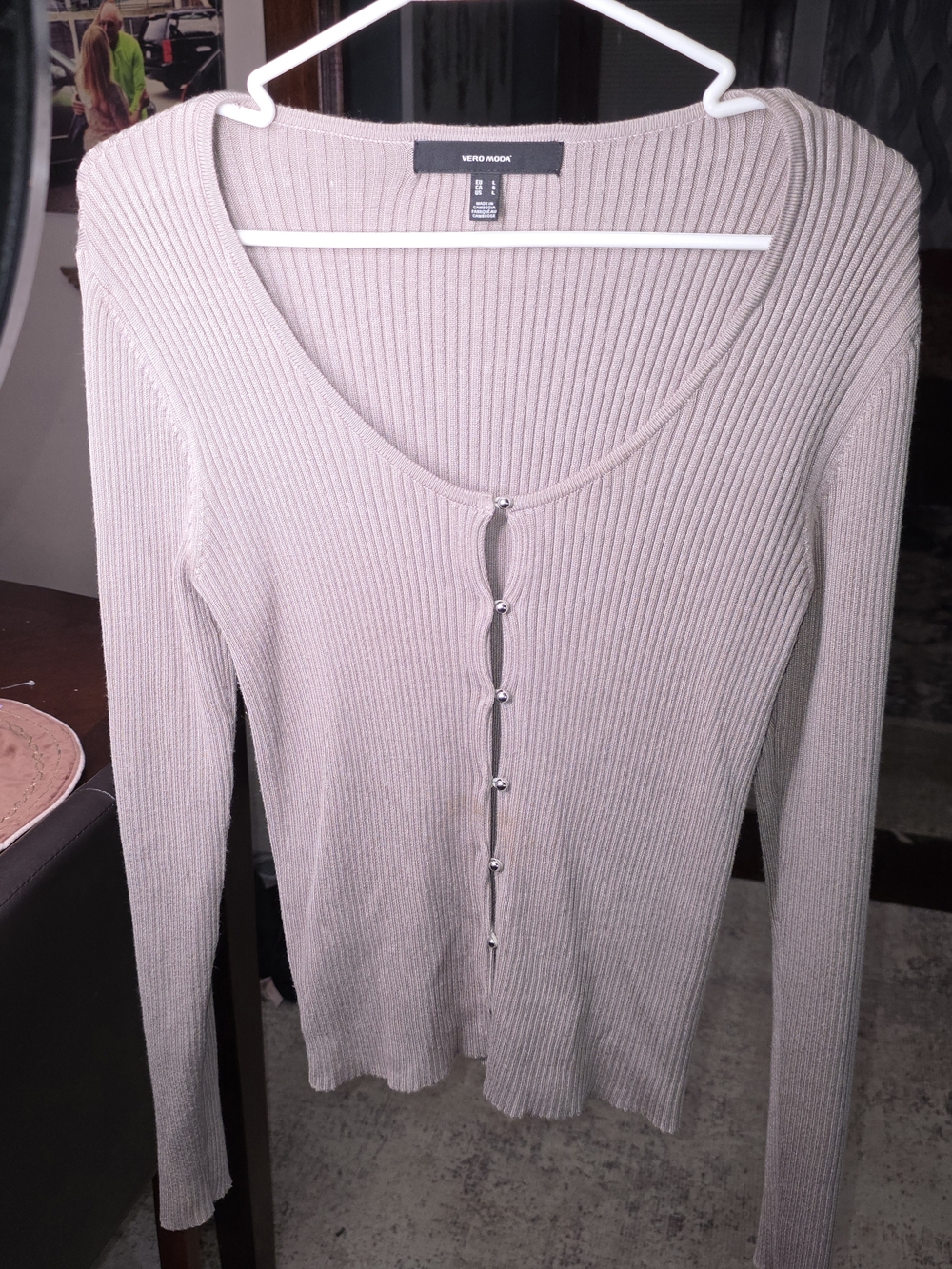Vero Moda Women's Ribbed Long Sleeve Button-Front Top - Light Taupe